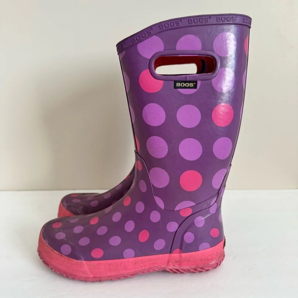Bogs Rubber Pull On Waterproof Rain Boots Polka Dot Purple Big Kids Youth Size 5